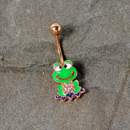 Clear Gem Rose Gold Tone Green Goofy Frog Belly Ring