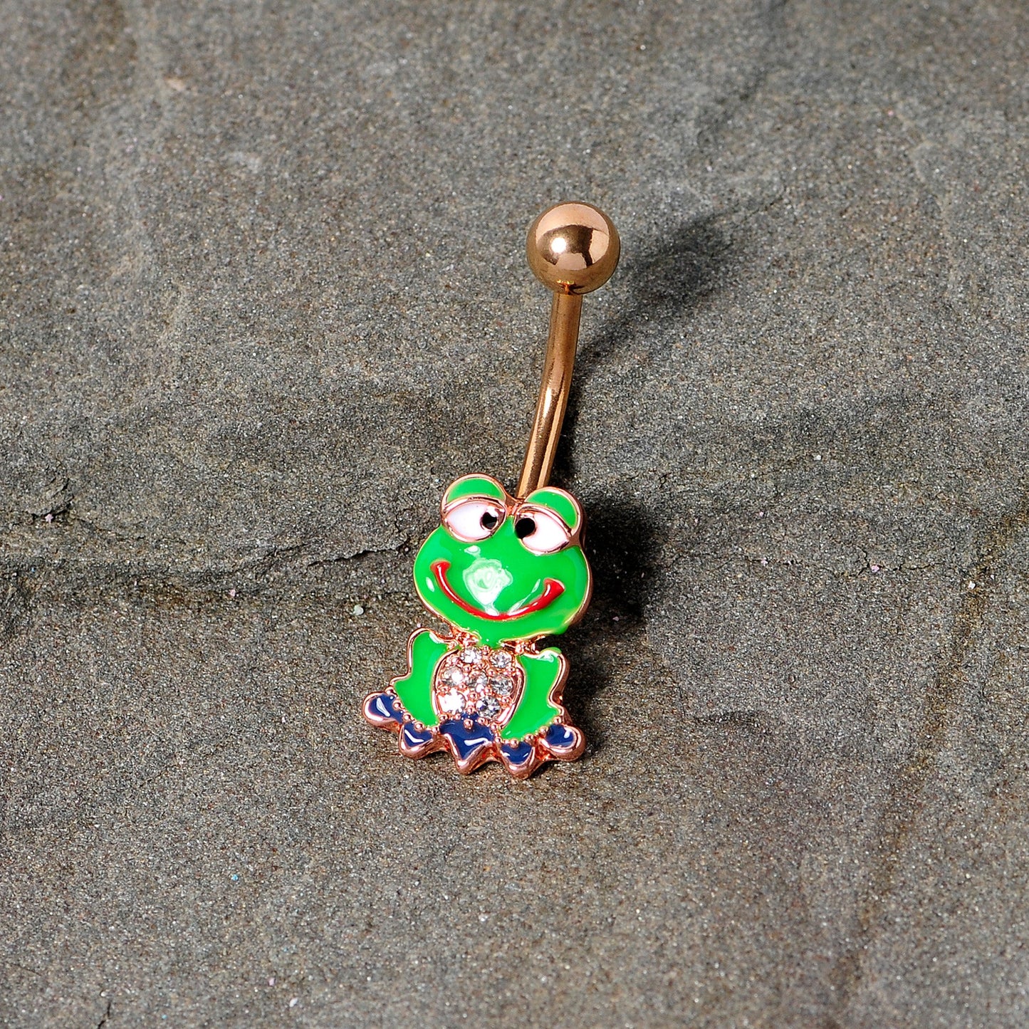 Clear Gem Rose Gold Tone Green Goofy Frog Belly Ring