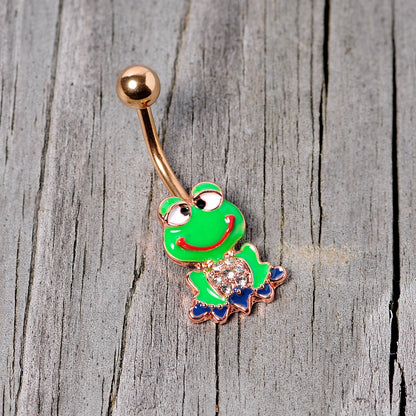 Clear Gem Rose Gold Tone Green Goofy Frog Belly Ring
