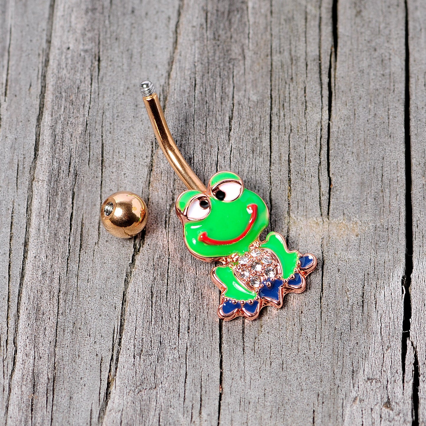 Clear Gem Rose Gold Tone Green Goofy Frog Belly Ring