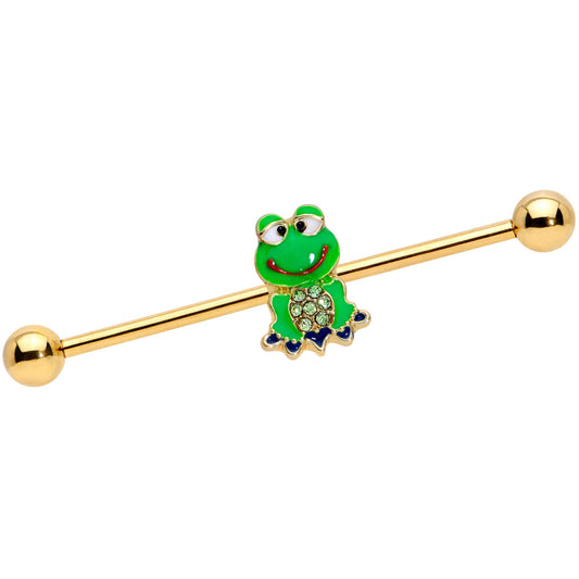 14G Green Gem Gold Tone Green Goofy Frog Industrial Barbell 38mm