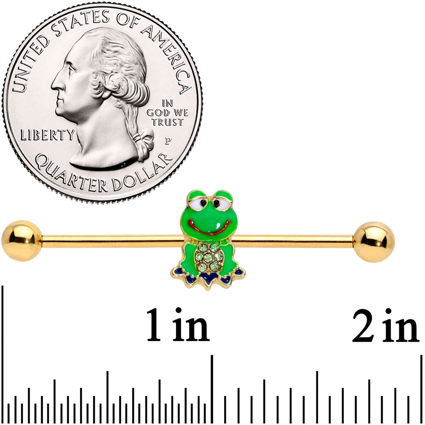 14G Green Gem Gold Tone Green Goofy Frog Industrial Barbell 38mm