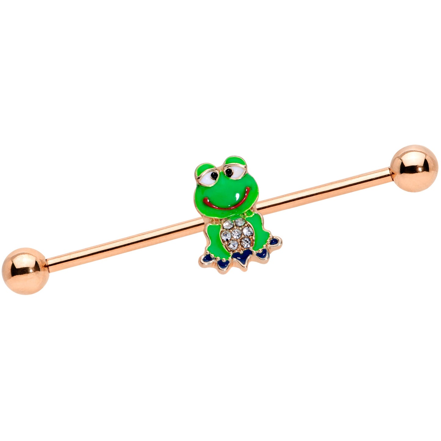 14G Clear Gem Rose Gold Tone Green Frog Industrial Barbell 38mm