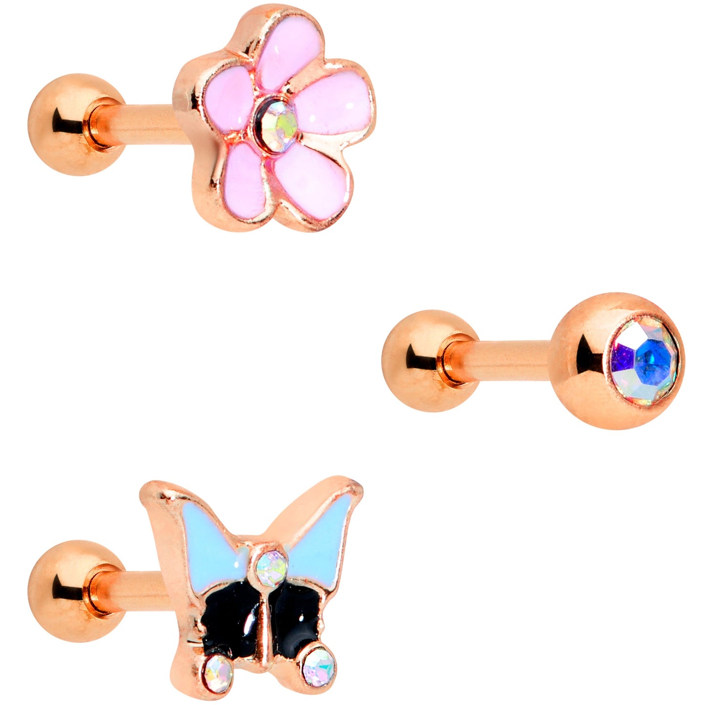 16G 1/4 Aurora Gem Rose Gold Tone Flower Cartilage Tragus Set of 3