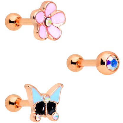 16G 1/4 Aurora Gem Rose Gold Tone Flower Cartilage Tragus Set of 3
