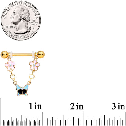 14G 5/8 Aurora Gem Gold Tone Flower Dangle Nipple Ring Set
