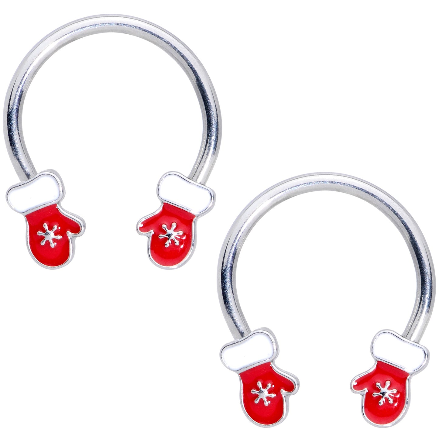 14G 9/16 Red White Mittens Christmas Horseshoe Nipple Ring Set