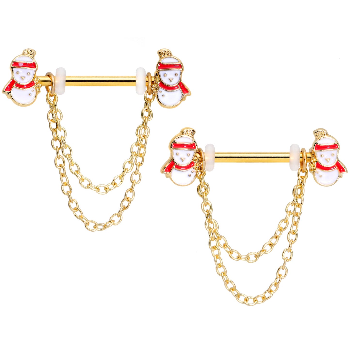 14G 5/8 Gold Tone Snowman Christmas Dangle Nipple Ring Set