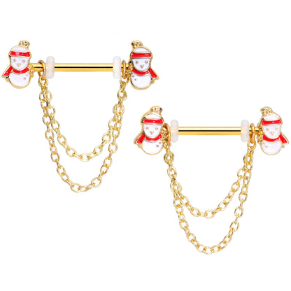 14G 5/8 Gold Tone Snowman Christmas Dangle Nipple Ring Set