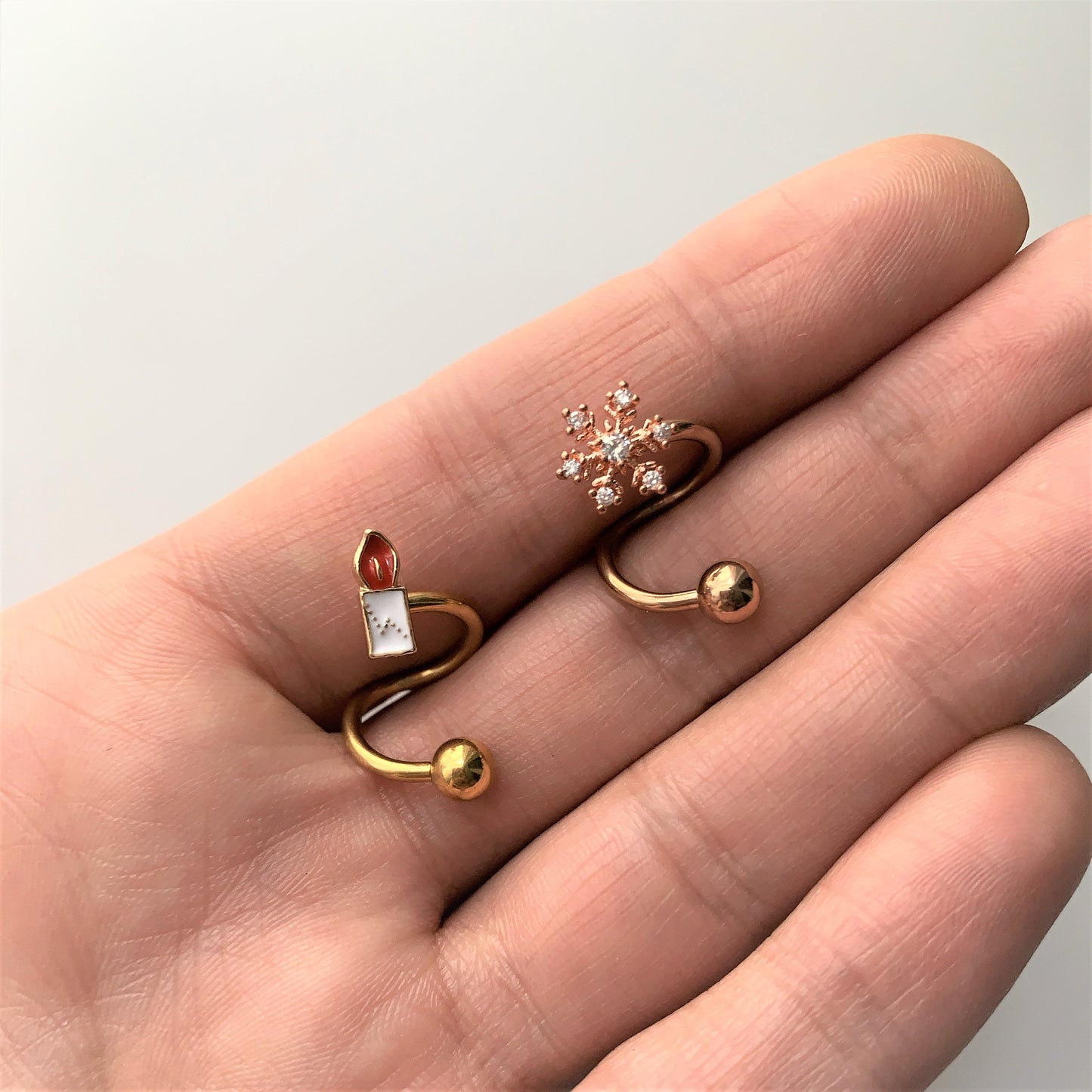 14G 3/8 Clear CZ Gem Rose Gold Tone Snowflake Spiral Belly Ring