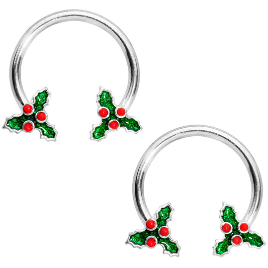 14G 9/16 Holly Christmas Horseshoe Nipple Ring Set