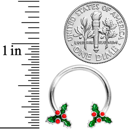 14G 9/16 Holly Christmas Horseshoe Nipple Ring Set