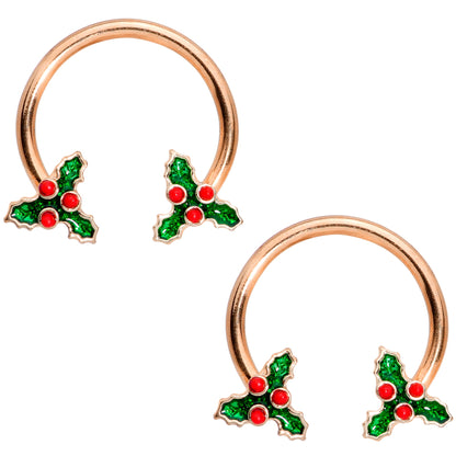 14G 9/16 Rose Gold Tone Holly Christmas Horseshoe Nipple Ring Set