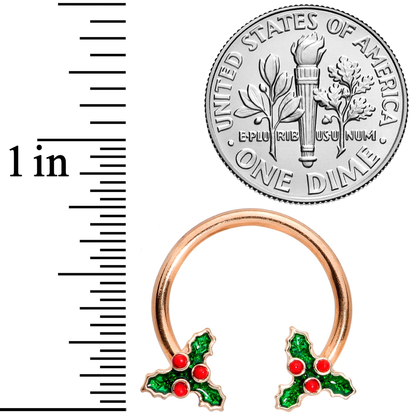 14G 9/16 Rose Gold Tone Holly Christmas Horseshoe Nipple Ring Set