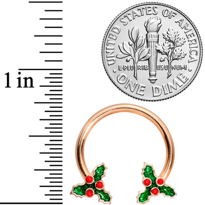 14G 9/16 Rose Gold Tone Holly Christmas Horseshoe Nipple Ring Set