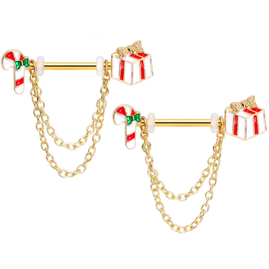 14G 5/8 Gold Tone Candy Cane Gift Holiday Dangle Nipple Ring Set