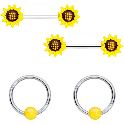 14G 9/16 1/2 Yellow Sunflower UV BCR Barbell Nipple Ring Set of 4