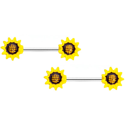 14G 9/16 1/2 Yellow Sunflower UV BCR Barbell Nipple Ring Set of 4