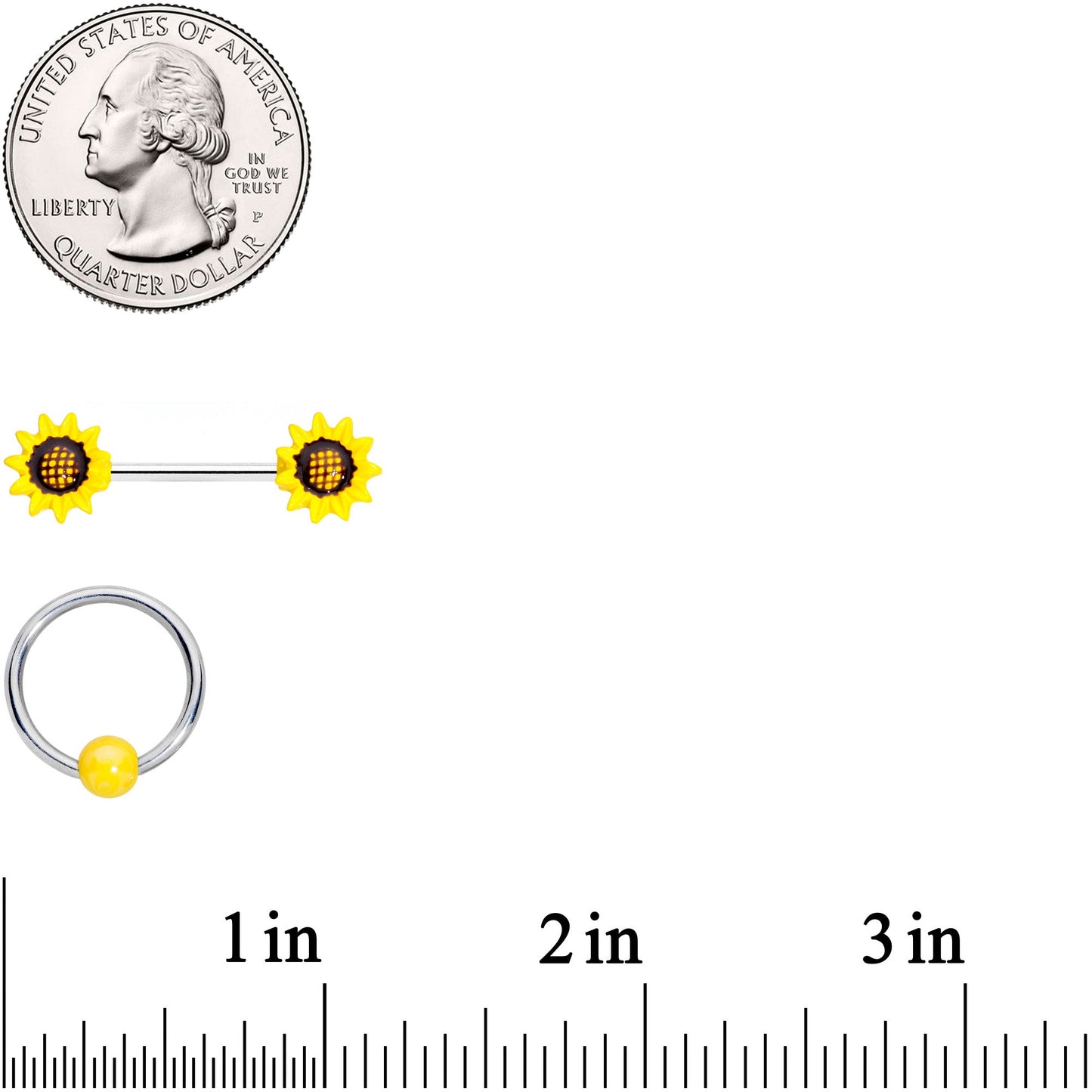 14G 9/16 1/2 Yellow Sunflower UV BCR Barbell Nipple Ring Set of 4