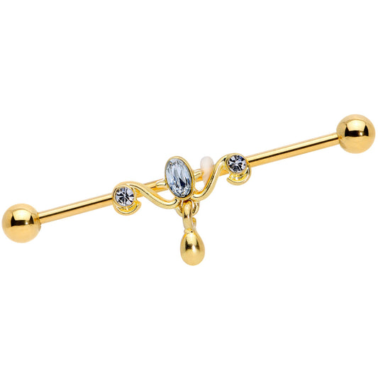 14G Clear Gem Gold Tone Drop Dangle Industrial Barbell 38mm