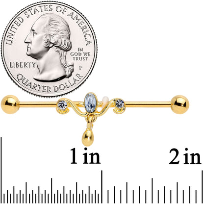 14G Clear Gem Gold Tone Drop Dangle Industrial Barbell 38mm