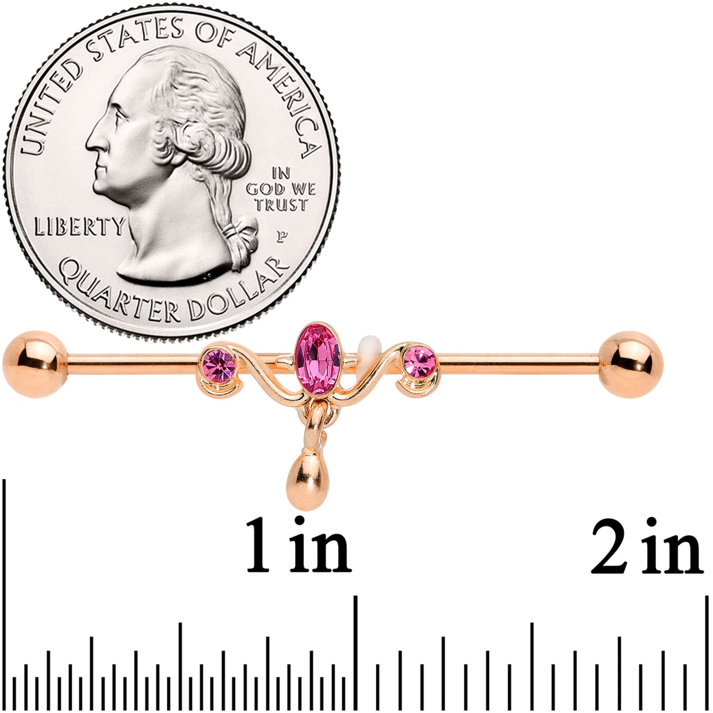 14G Pink Gem Rose Gold Tone Drop Dangle Industrial Barbell 38mm