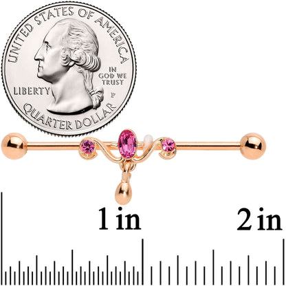 14G Pink Gem Rose Gold Tone Drop Dangle Industrial Barbell 38mm