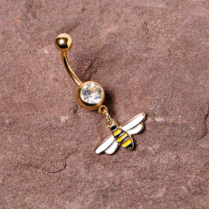 Clear Gem Gold Tone Striped Bee Dangle Belly Ring
