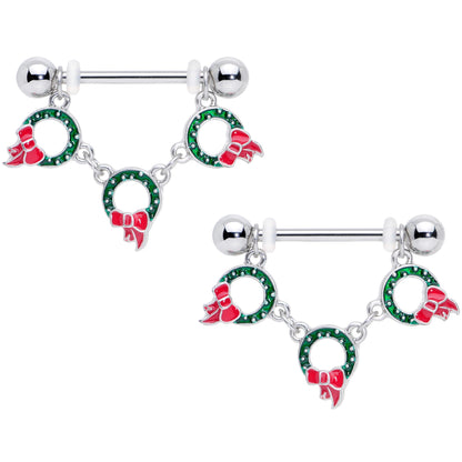 14G 5/8 Holiday Wreath Christmas Chain Dangle Nipple Ring Set