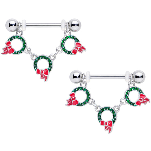 14G 5/8 Holiday Wreath Christmas Chain Dangle Nipple Ring Set