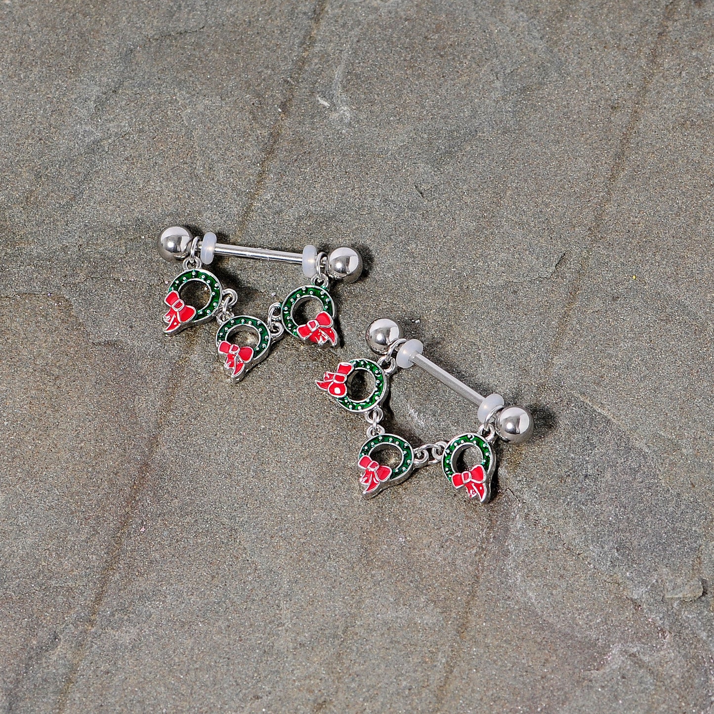 14G 5/8 Holiday Wreath Christmas Chain Dangle Nipple Ring Set
