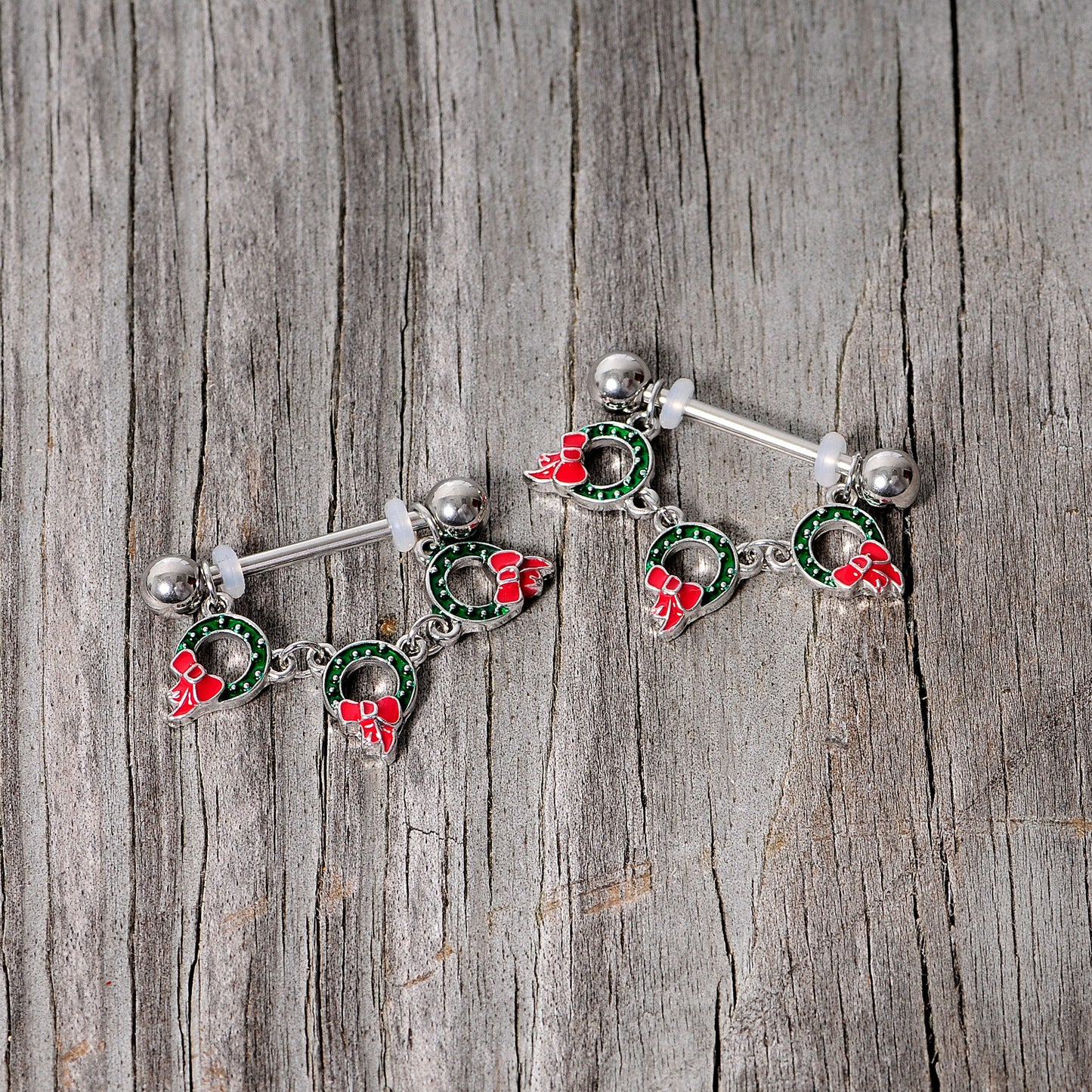 14G 5/8 Holiday Wreath Christmas Chain Dangle Nipple Ring Set