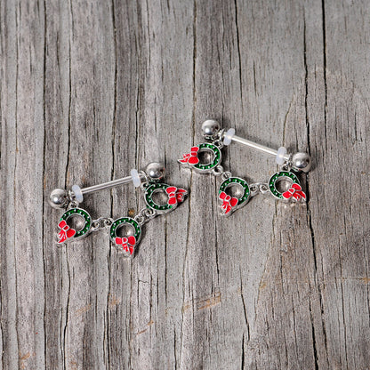 14G 5/8 Holiday Wreath Christmas Chain Dangle Nipple Ring Set