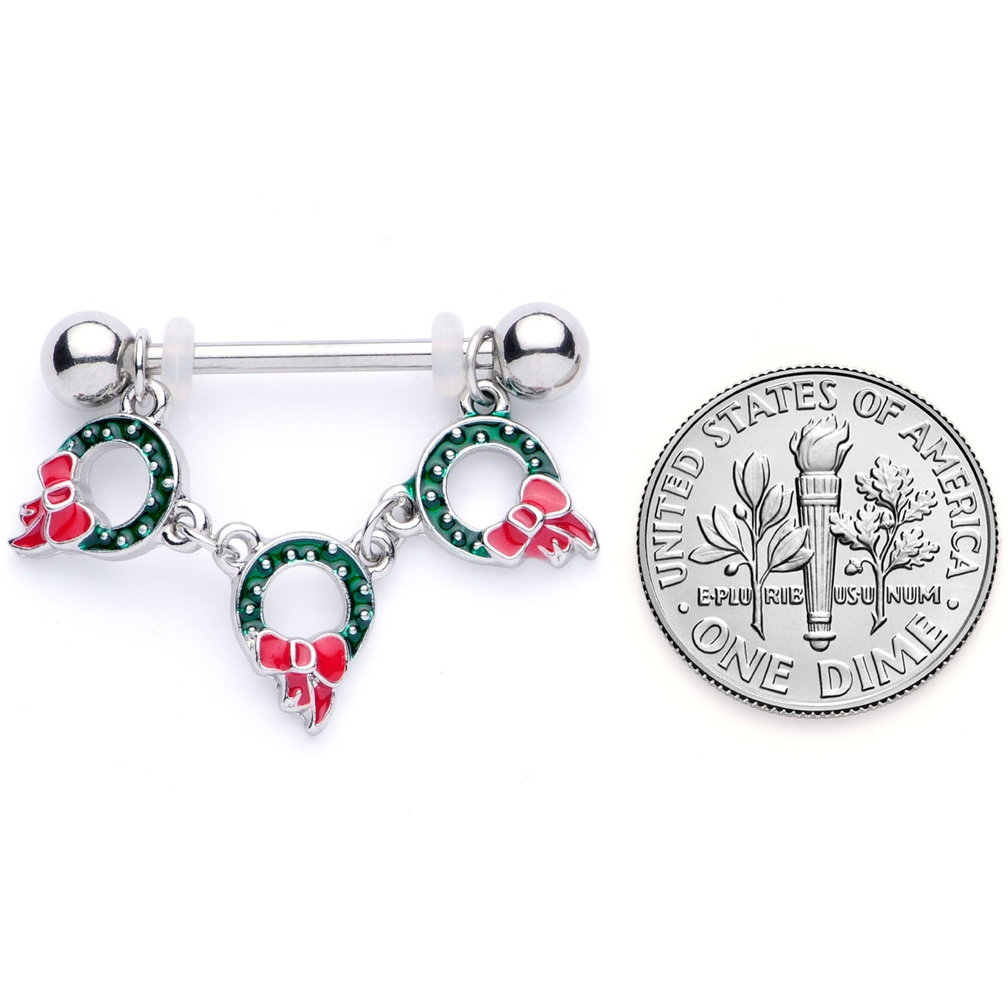 14G 5/8 Holiday Wreath Christmas Chain Dangle Nipple Ring Set