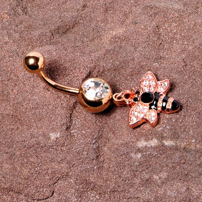 Black Clear Gem Rose Gold Tone Bee Dangle Belly Ring