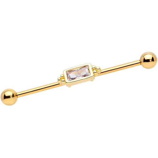 14G Clear CZ Gem Gold Tone Oblong Industrial Barbell 38mm