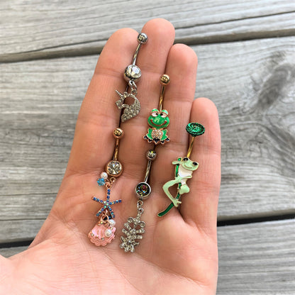 Clear Blue Gem Gold Tone Ocean Treasure Nautical Dangle Belly Ring