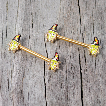 14G 9/16 Gold Tone Witch Halloween Barbell Nipple Ring Set