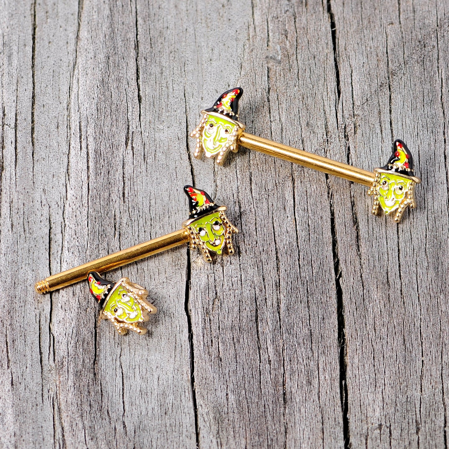 14G 9/16 Gold Tone Witch Halloween Barbell Nipple Ring Set