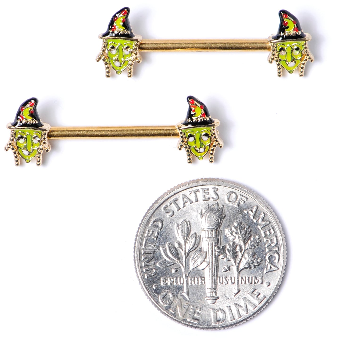 14G 9/16 Gold Tone Witch Halloween Barbell Nipple Ring Set