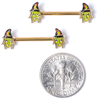 14G 9/16 Gold Tone Witch Halloween Barbell Nipple Ring Set