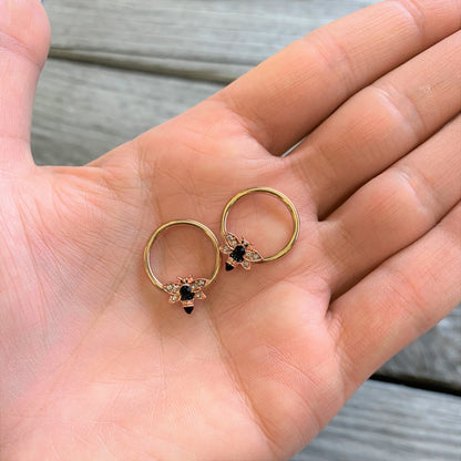 14G 9/16 Black Clear Gem Rose Gold Tone Bee BCR Nipple Ring Set