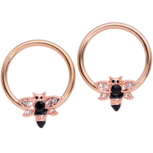 14G 9/16 Black Clear Gem Rose Gold Tone Bee BCR Nipple Ring Set