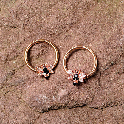 14G 9/16 Black Clear Gem Rose Gold Tone Bee BCR Nipple Ring Set