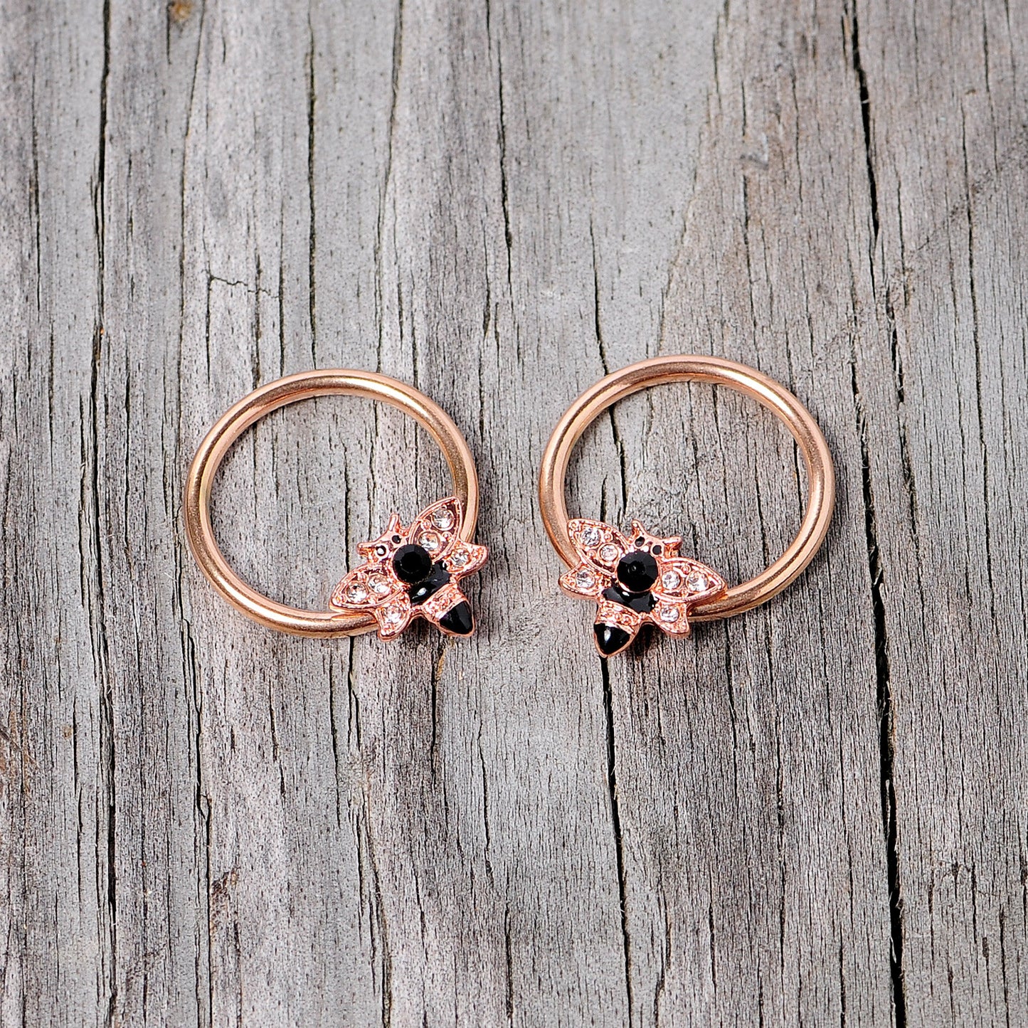 14G 9/16 Black Clear Gem Rose Gold Tone Bee BCR Nipple Ring Set