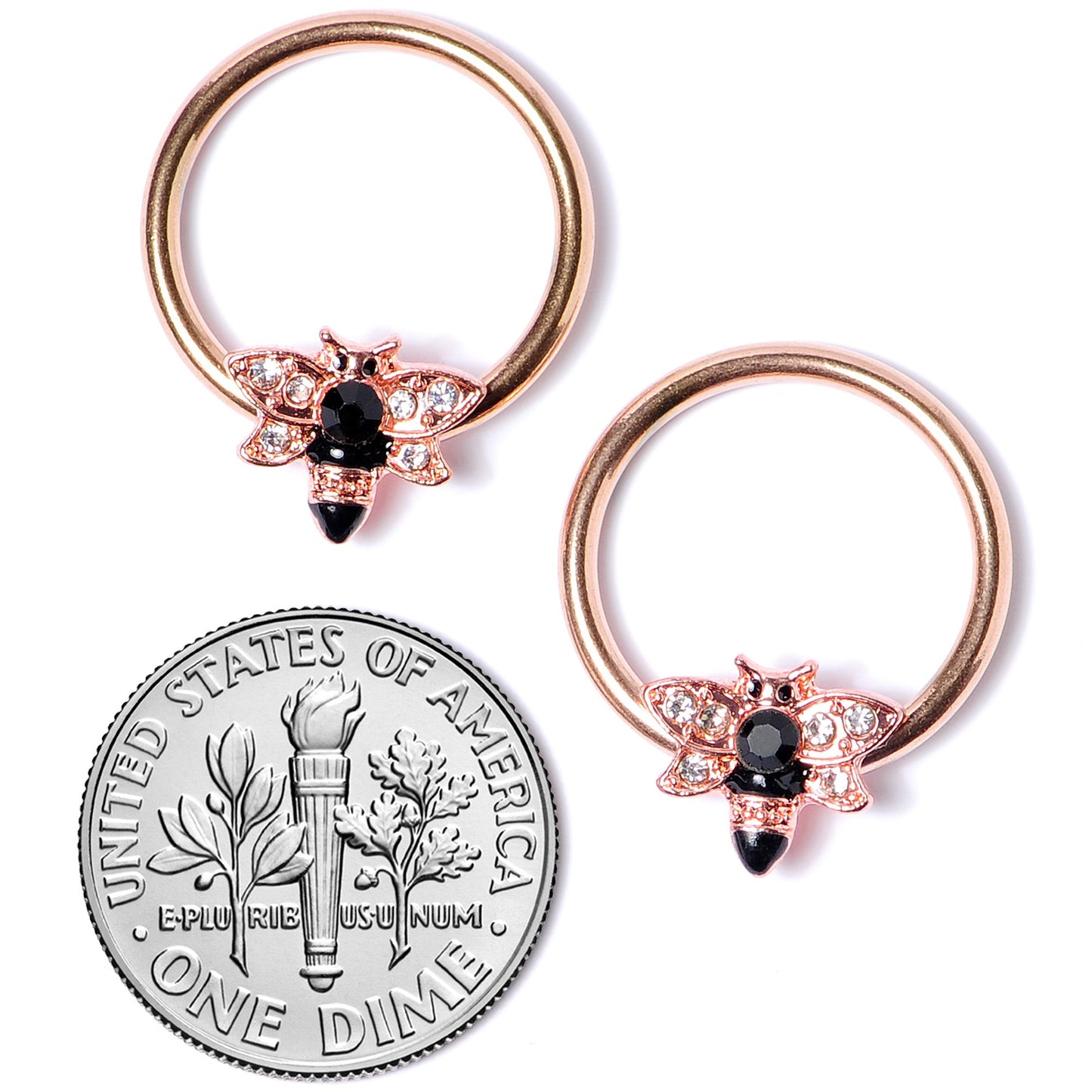 14G 9/16 Black Clear Gem Rose Gold Tone Bee BCR Nipple Ring Set