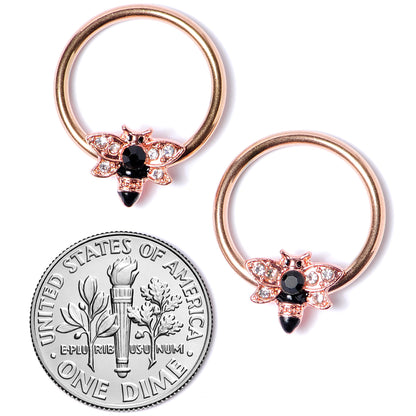 14G 9/16 Black Clear Gem Rose Gold Tone Bee BCR Nipple Ring Set