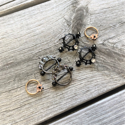 14G 7/8 Clear Gem Black Winged Skull Halloween Nipple Shield Set