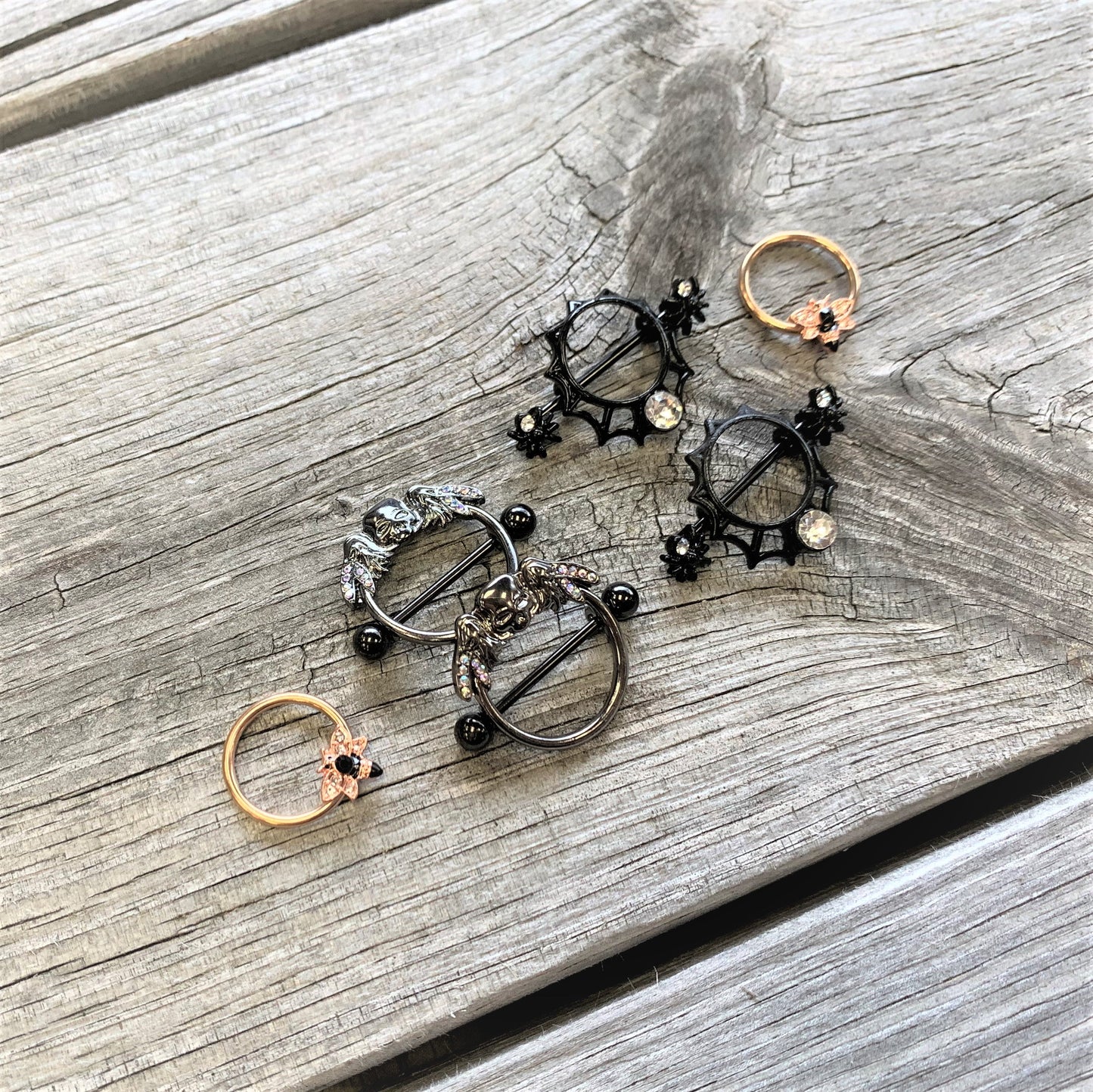 14G 9/16 Clear Gem Black Spider Web Nipple Shield Set