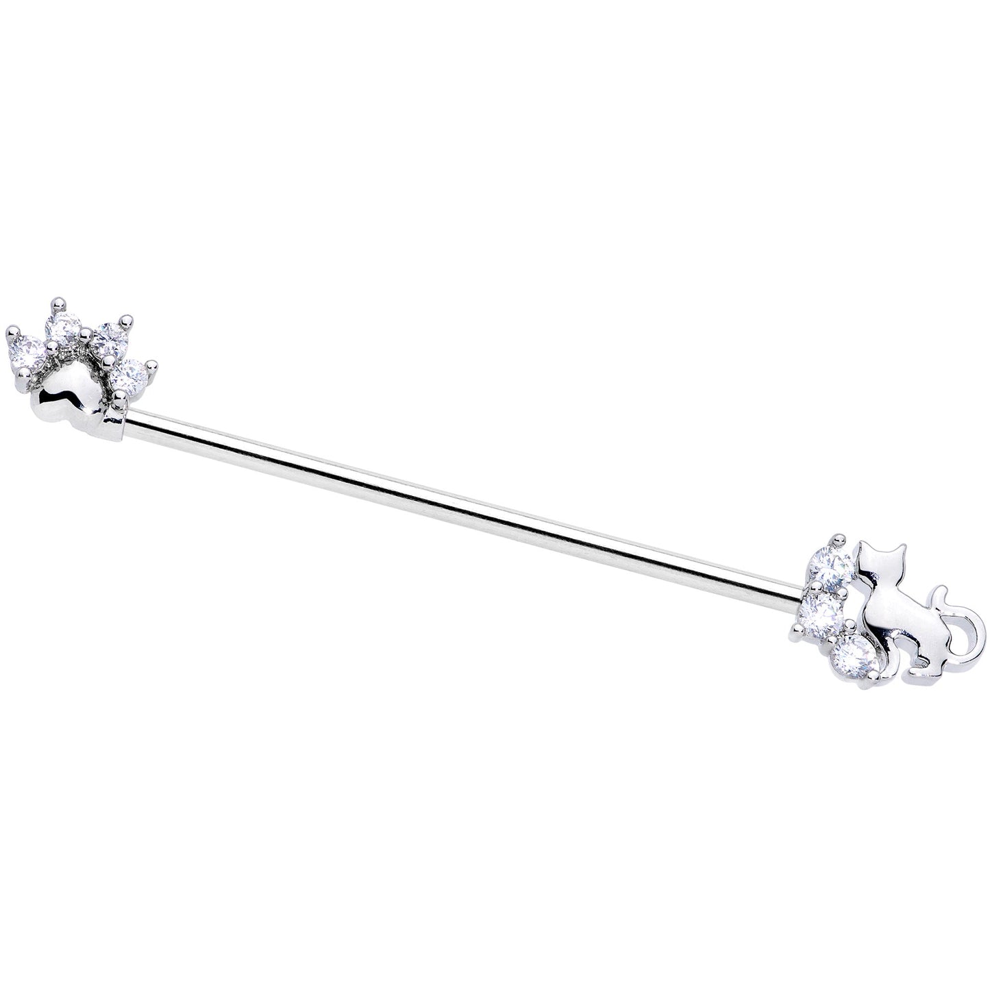 14G Clear CZ Gem Paw Print Cat Industrial Barbell 38mm